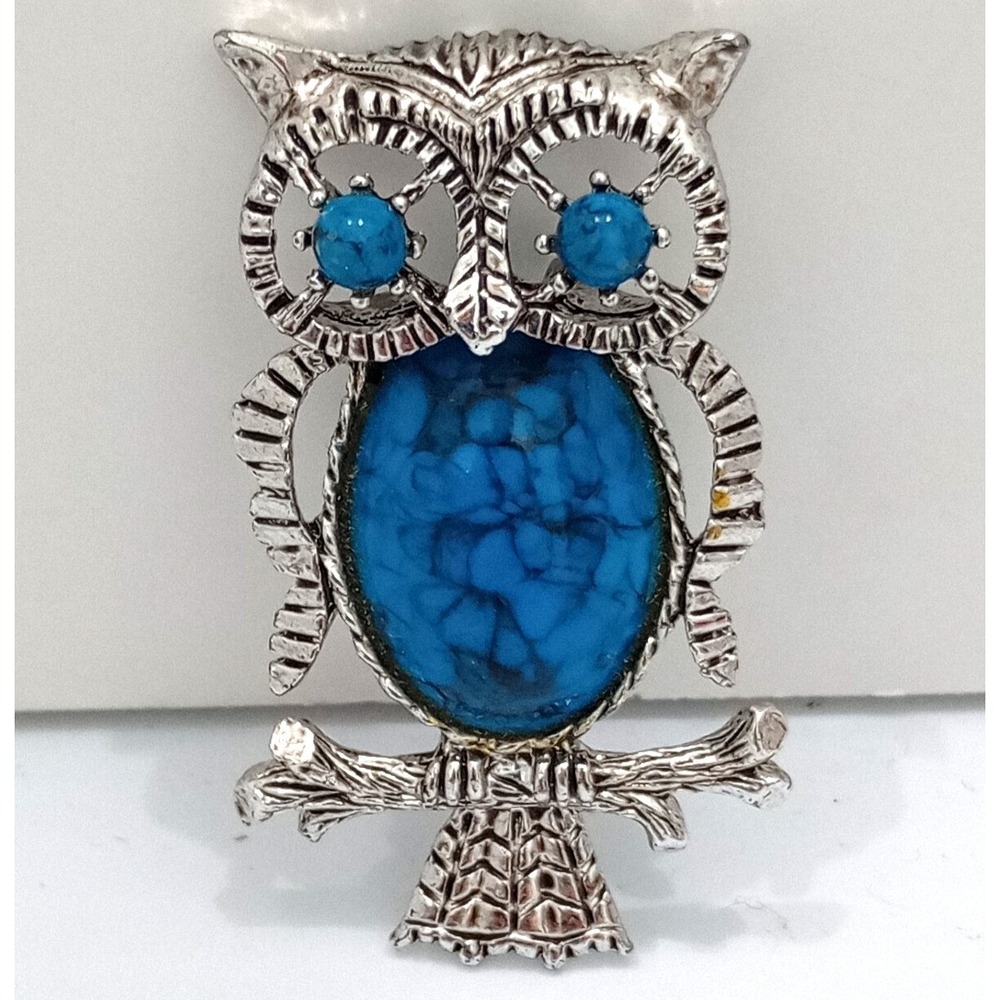 Vintage signed Gerrys Owl Brooch Blue Faux Turquoise Silver Tone Pin Retro pin